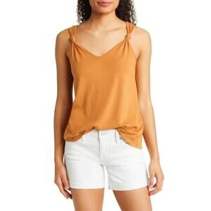 Caslon Knotted Strap V-Neck Cotton Modal Soft Tank Top Pumpkin Orange Size L NWT